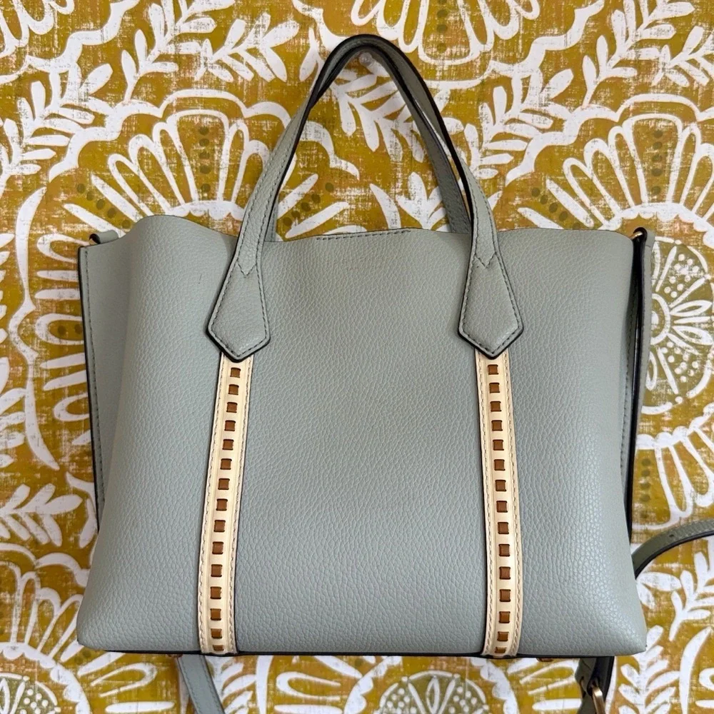 Tory Burch Perry Small Pick-Stitch Triple Compartment Tote Bag Pine Frost $428